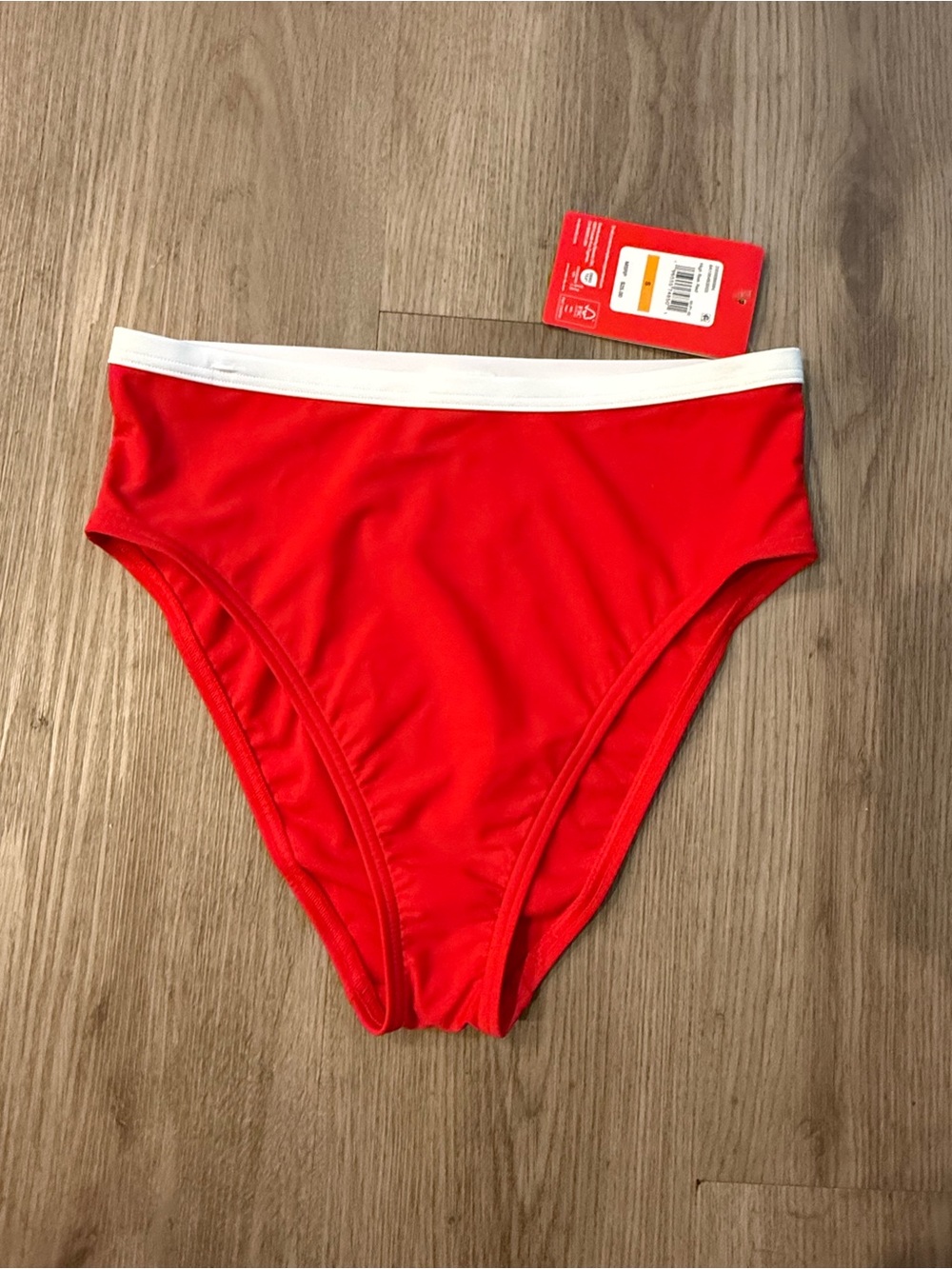 Speedo Red High-Waist Swim Bottom with White Waistband